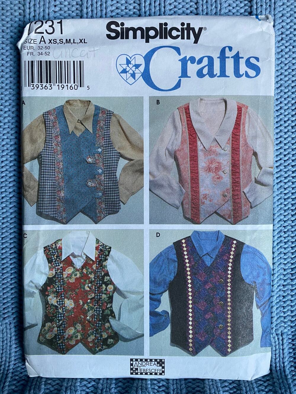 Simplicity 7231 Sewing pattern quilted vest 1980s size xs s m l xl